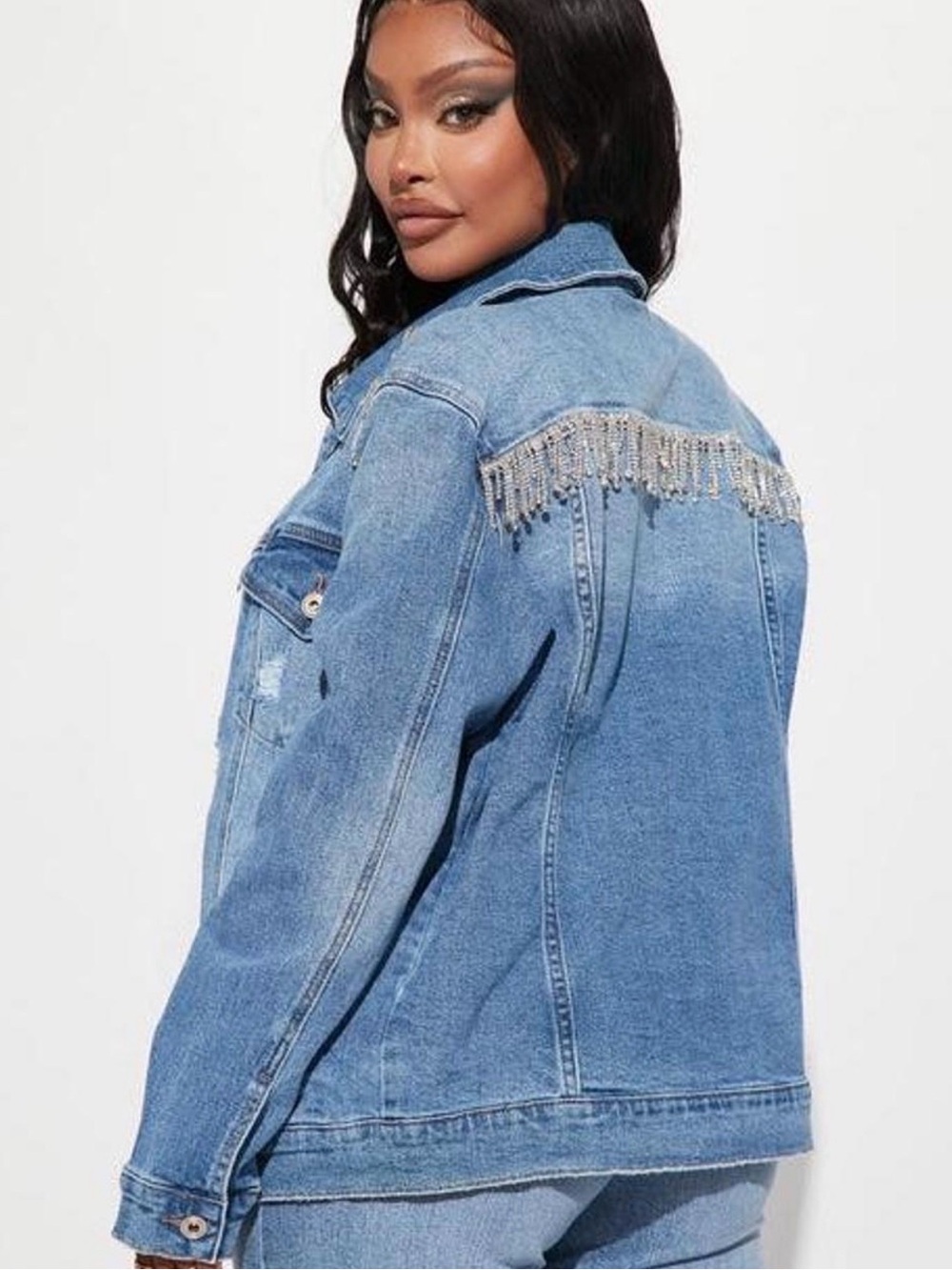 Fashion Nova Light Blue Denim Jacket with Embellished Shoulders